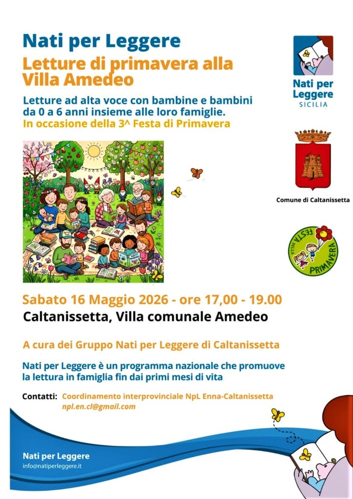 Locandina evento per la 3 Festa di Primavera alla Villa Amedeo del 16 Maggio 2026 "Letture di Primavera alla Villa Amedeo!" il 16 maggio a Caltanissetta